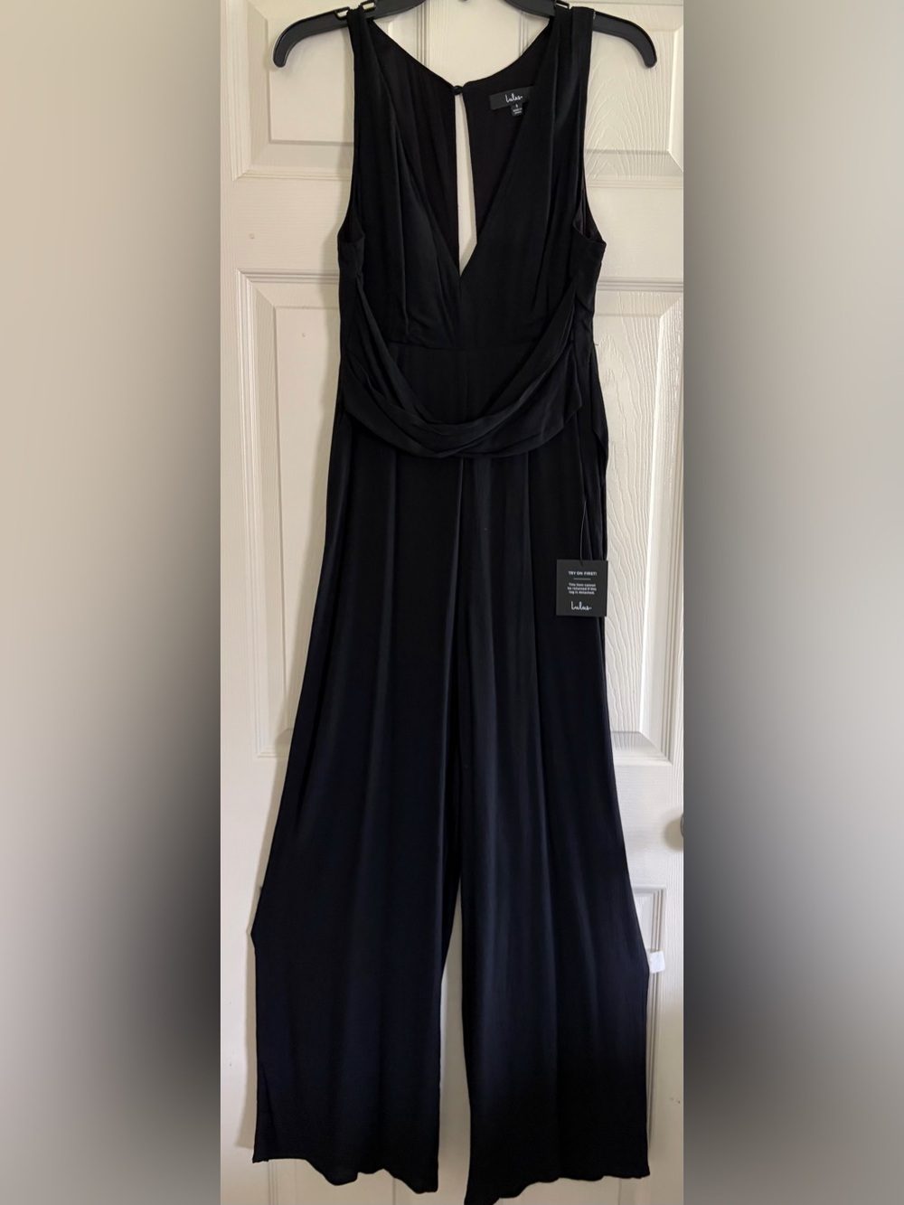 Lulu's Women’s Black Draped Cowl Jumpsuit. Deep V-Neck